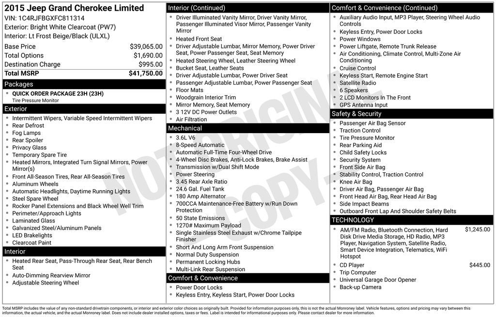 2015 Jeep Grand Cherokee Limited Exterior Parking Camera Rear