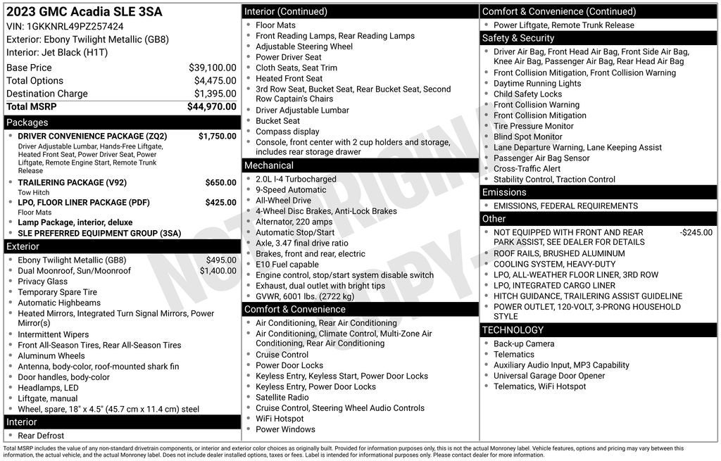 2023 GMC Acadia SLE Dual SkyScape 2-Panel Power Sunroof