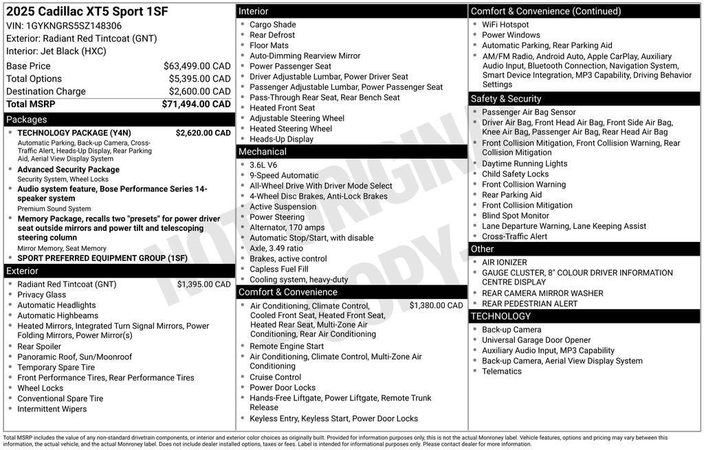 2025 Cadillac XT5 Sport Power moonroof