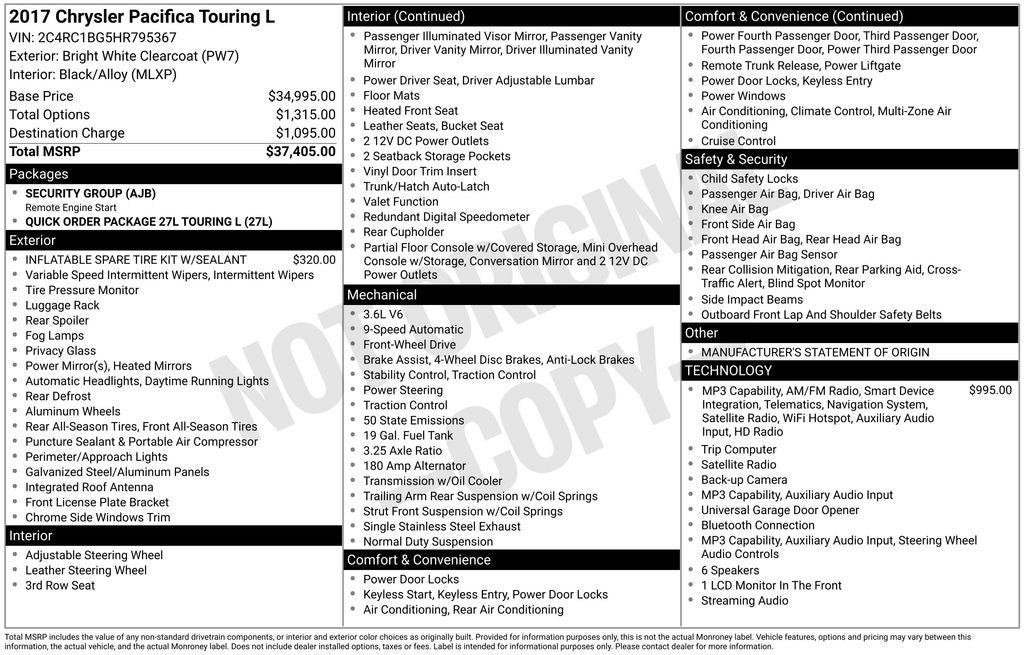 2017 Chrysler Pacifica Touring L 3rd row seat