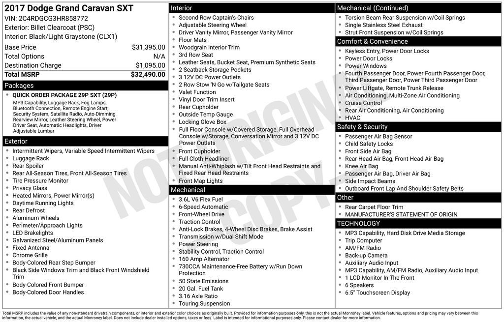 2017 Dodge Grand Caravan SXT 3rd row seats