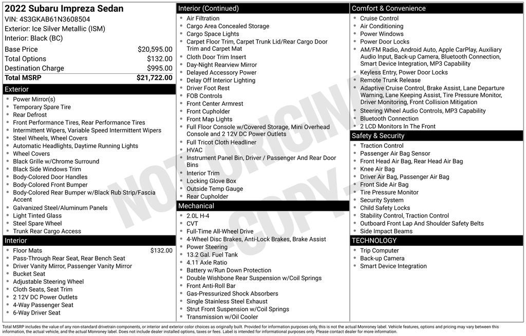 2022 Subaru Impreza Base Radio: Subaru STARLINK 6.5" Multimedia System
