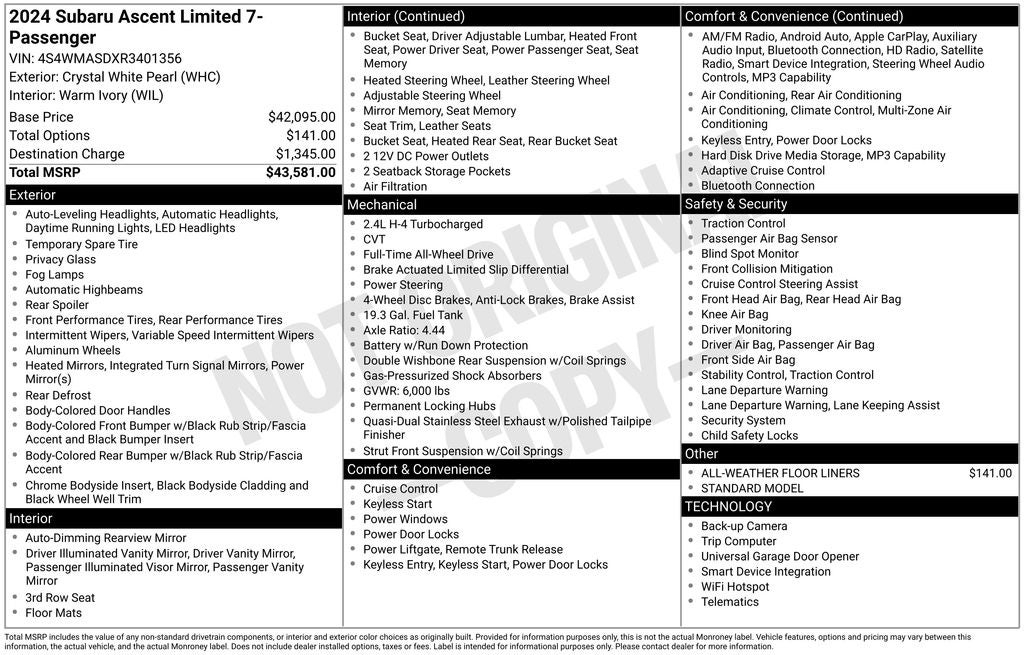 2024 Subaru Ascent Limited Apple Carplay & Hands Free Bluetooth