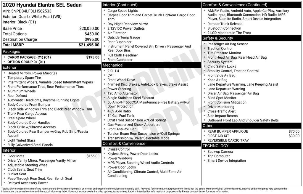 2020 Hyundai ELANTRA SEL Exterior Parking Camera Rear
