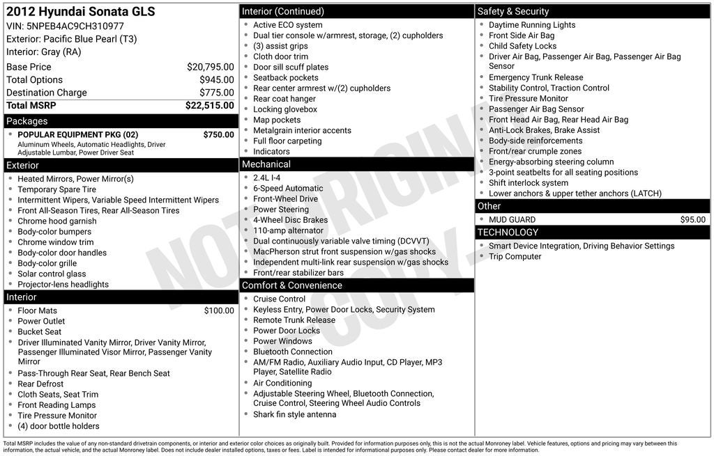 2012 Hyundai SONATA GLS Popular Equipment Package