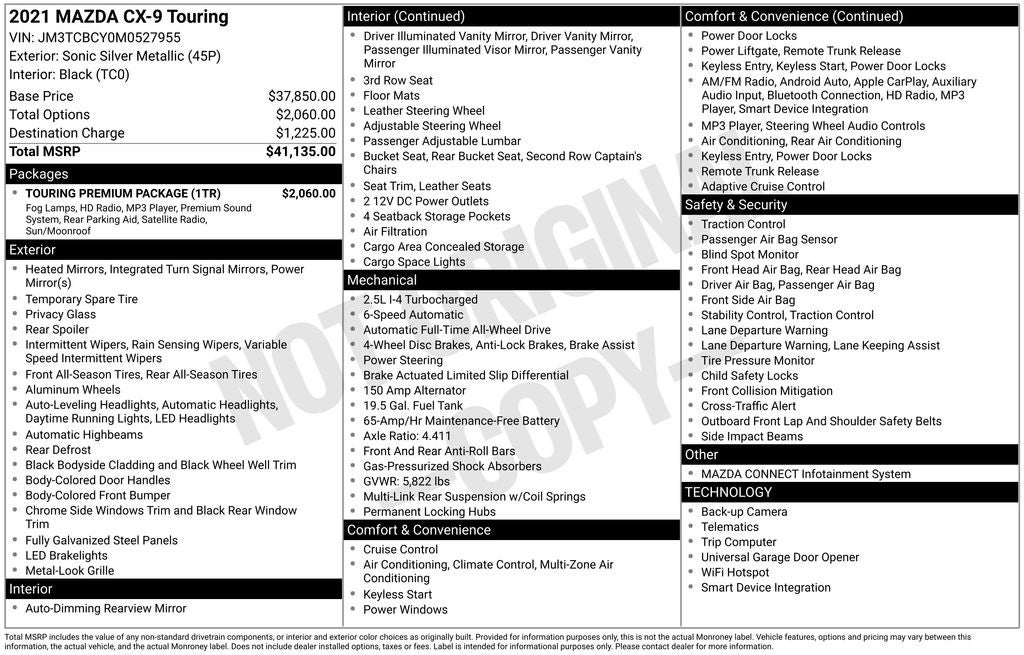 2021 Mazda Mazda CX-9 Touring Power Sliding Glass Moonroof w/Interior Sunshade