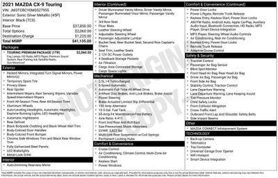 2021 Mazda Mazda CX-9 Touring Power Sliding Glass Moonroof w/Interior Sunshade