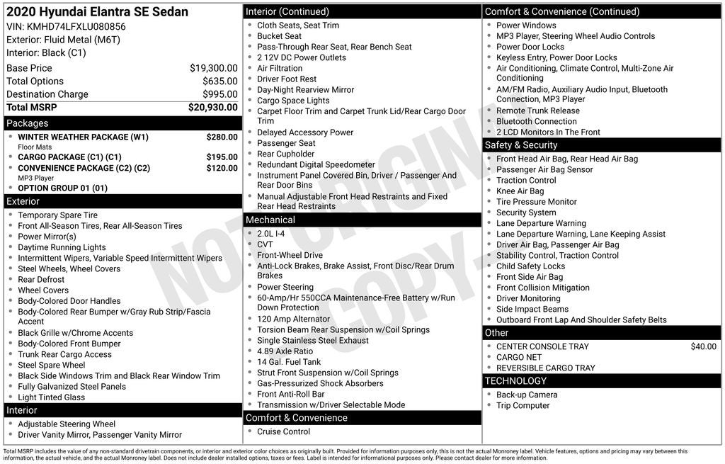 2020 Hyundai ELANTRA SE Exterior Parking Camera Rear
