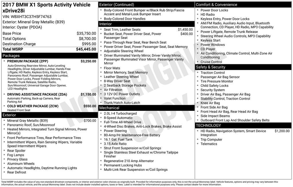 2017 BMW X1 xDrive28i Premium Package