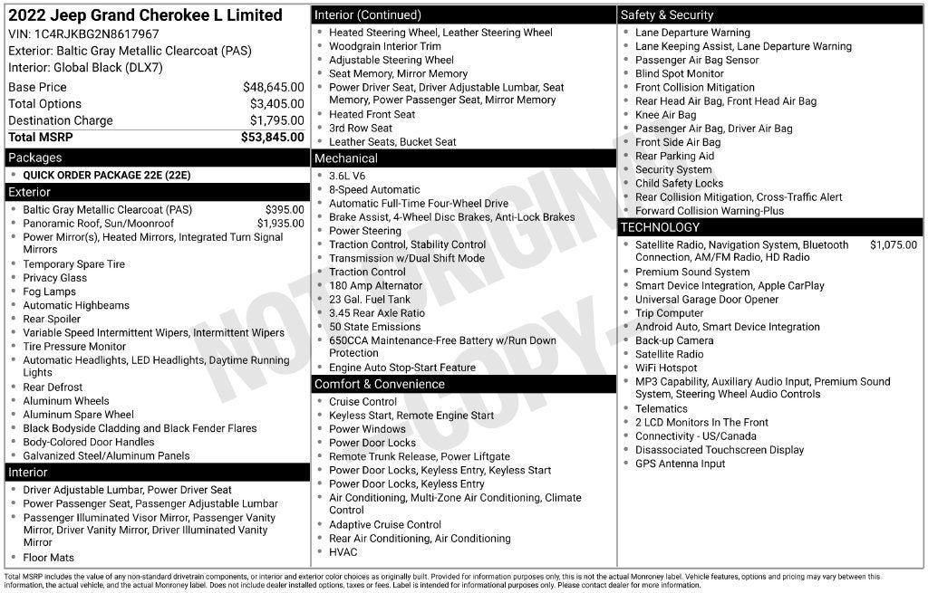 2022 Jeep Grand Cherokee L Limited L DUAL PANO MOONROOF HEATED LEATHER NAV