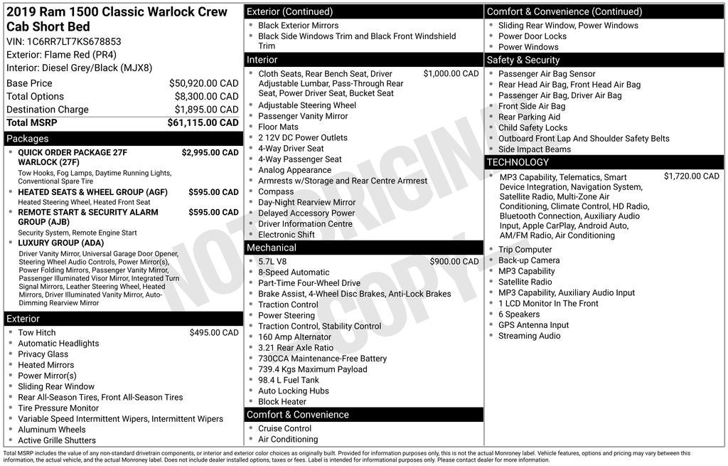 2019 RAM 1500 Classic Warlock CREW CAB 4X4 5.7 LITER V8 HEMI