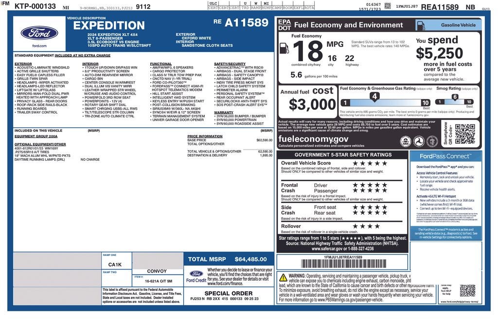 2024 Ford Expedition XLT 3.5 Liter ECOBOOST 4x4 Co Pilot 360 Rear Camera