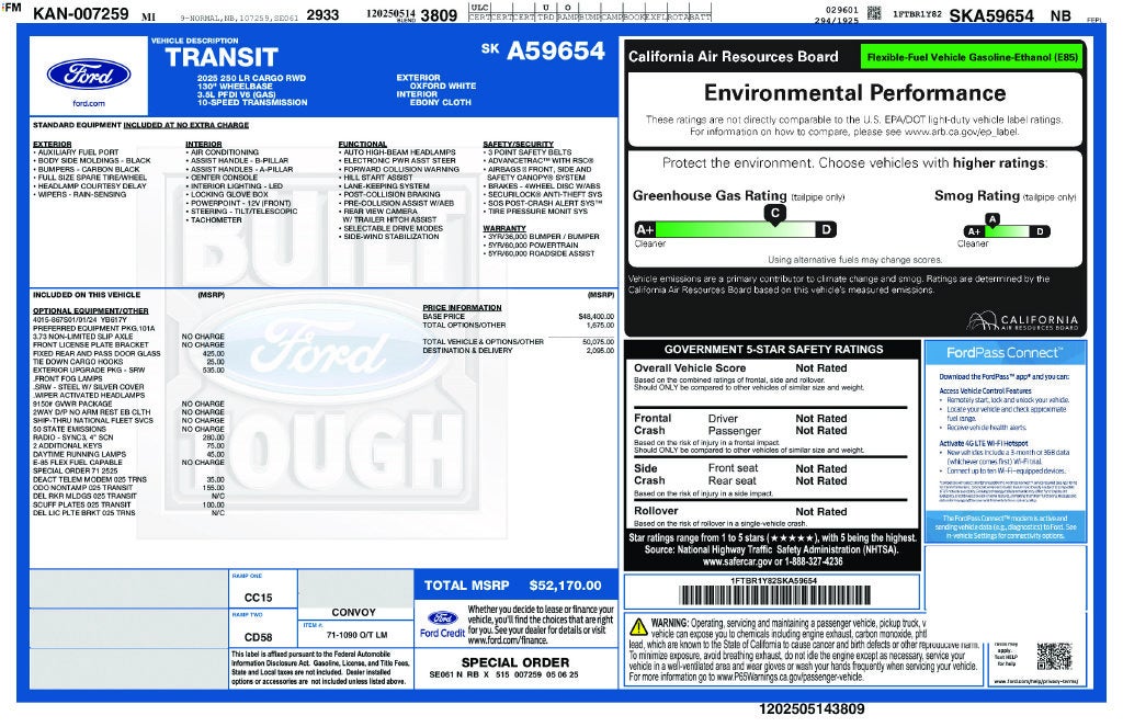 2025 Ford Transit-250 Base Low Roof Cargo Van Rear Camera Running Boards