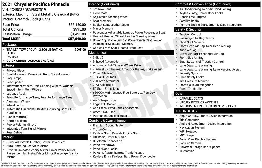 2021 Chrysler Pacifica Pinnacle Awd Panoramic Roofs Heated Leather DVDs Nav