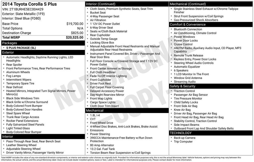 2014 Toyota Corolla S Plus Auto Air