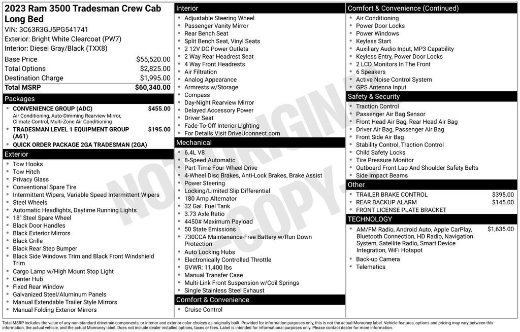 2023 RAM 3500 Tradesman CREW CAB 4X4 6.4L V8 REAR TOPPER