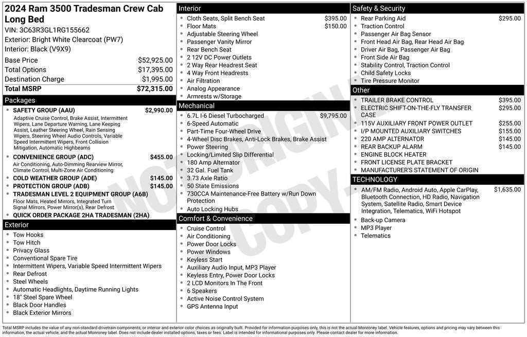 2024 RAM 3500 Tradesman CREW CAB 4X4 LONGBOX 6.7 L CUMMINGS TURBO DIESEL N