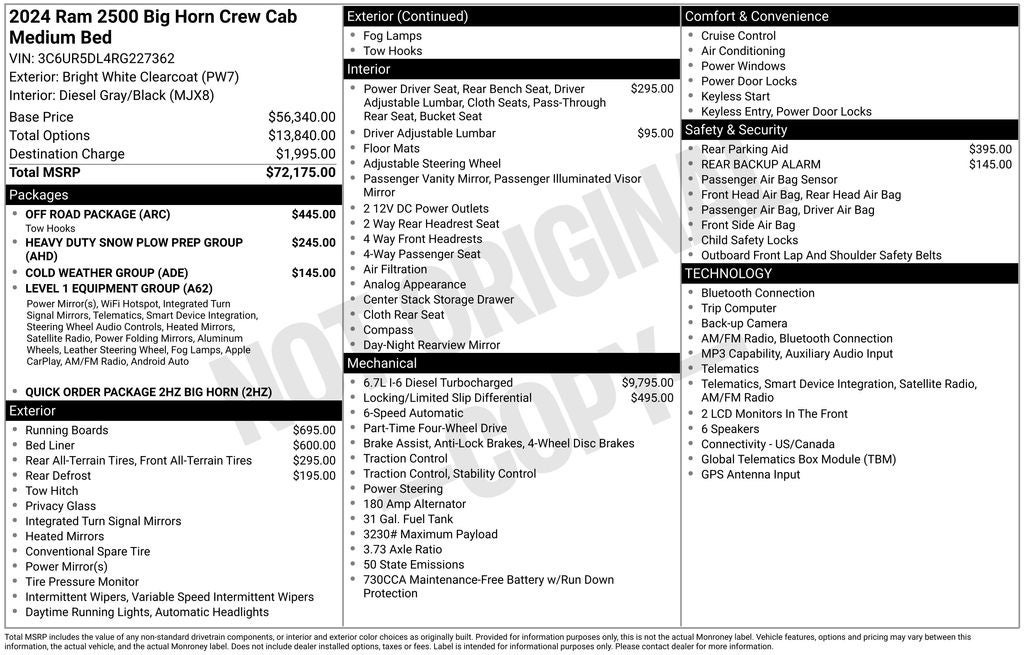 2024 RAM 2500 Big Horn Crew Cab Cummings Diesel 4x4 Off Road Pkg Cold Wea