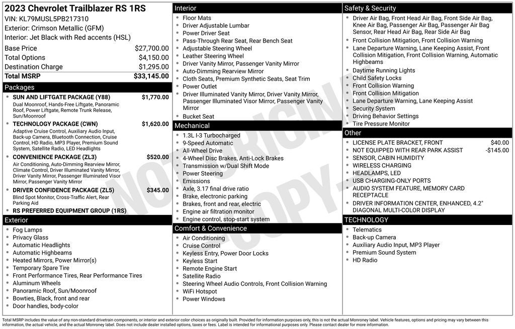 2023 Chevrolet TrailBlazer RS AWD Roof Rear Camera Power Liftgate Combo Interior